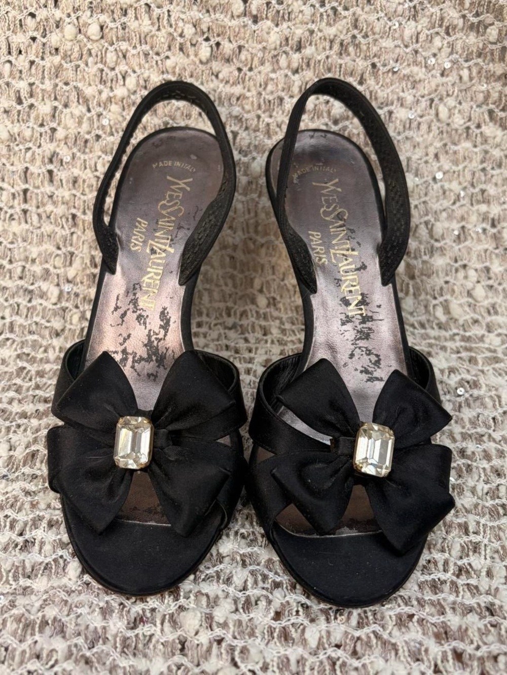 Yves Saint Laurent Black Satin Bow Slingback Heels
